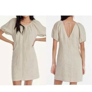 J. Crew Sz 14 V-back linen  Beige Puff Sleeve Dress New With Tags